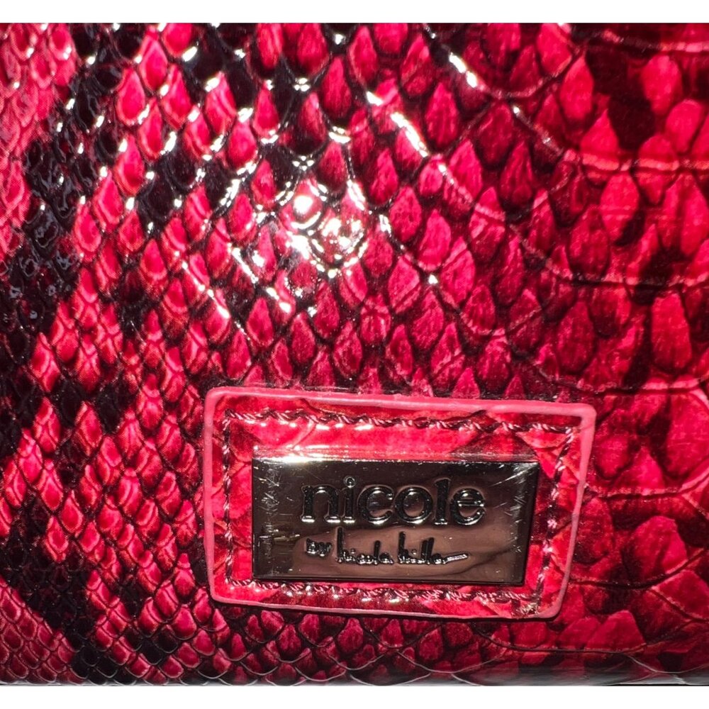 Nicole Miller Red Faux Snakeskin Shoulder Bag Multiple Compartments